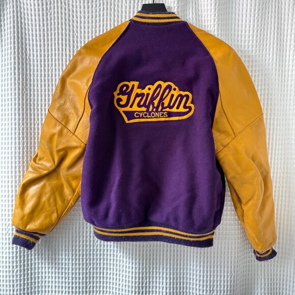 Vtg DeLong Griffin Cyclones varsity letterman jacket purple gold leather wool - Picture 3 of 4